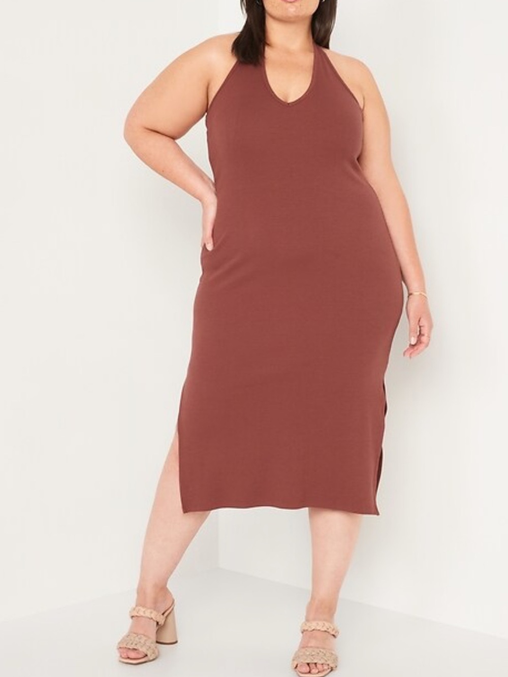 Old Navy Fitted Sleeveless Halter Rib-Knit Midi
Dress Brown XLP NWT